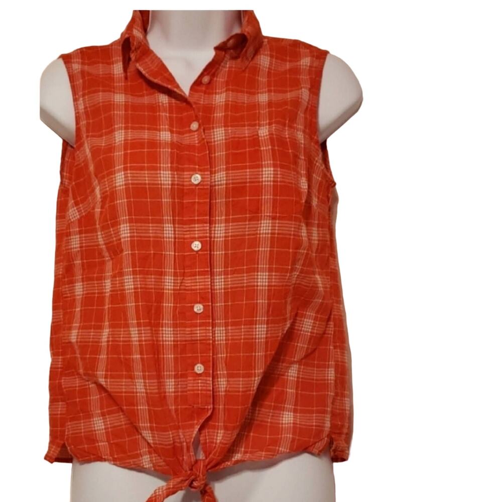 J Crew Orange Plaid Button/Tie TShort Sleeve Top Size XS